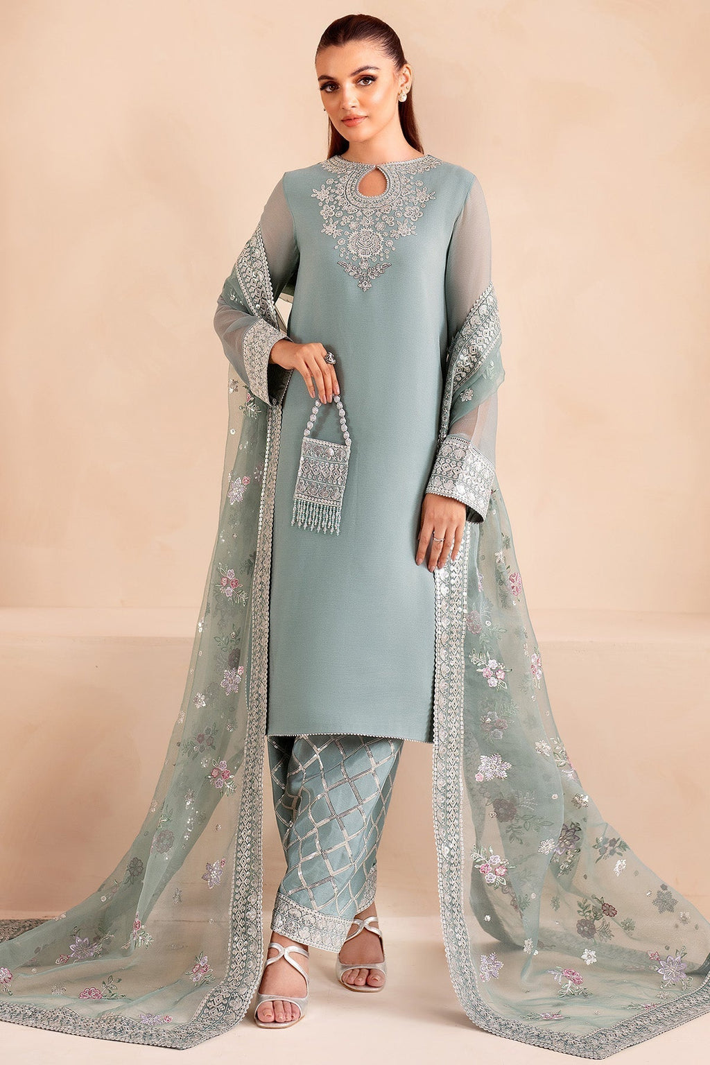 3 Piece Stitched Chiffon & Organza Suit -  Ready  to Wear