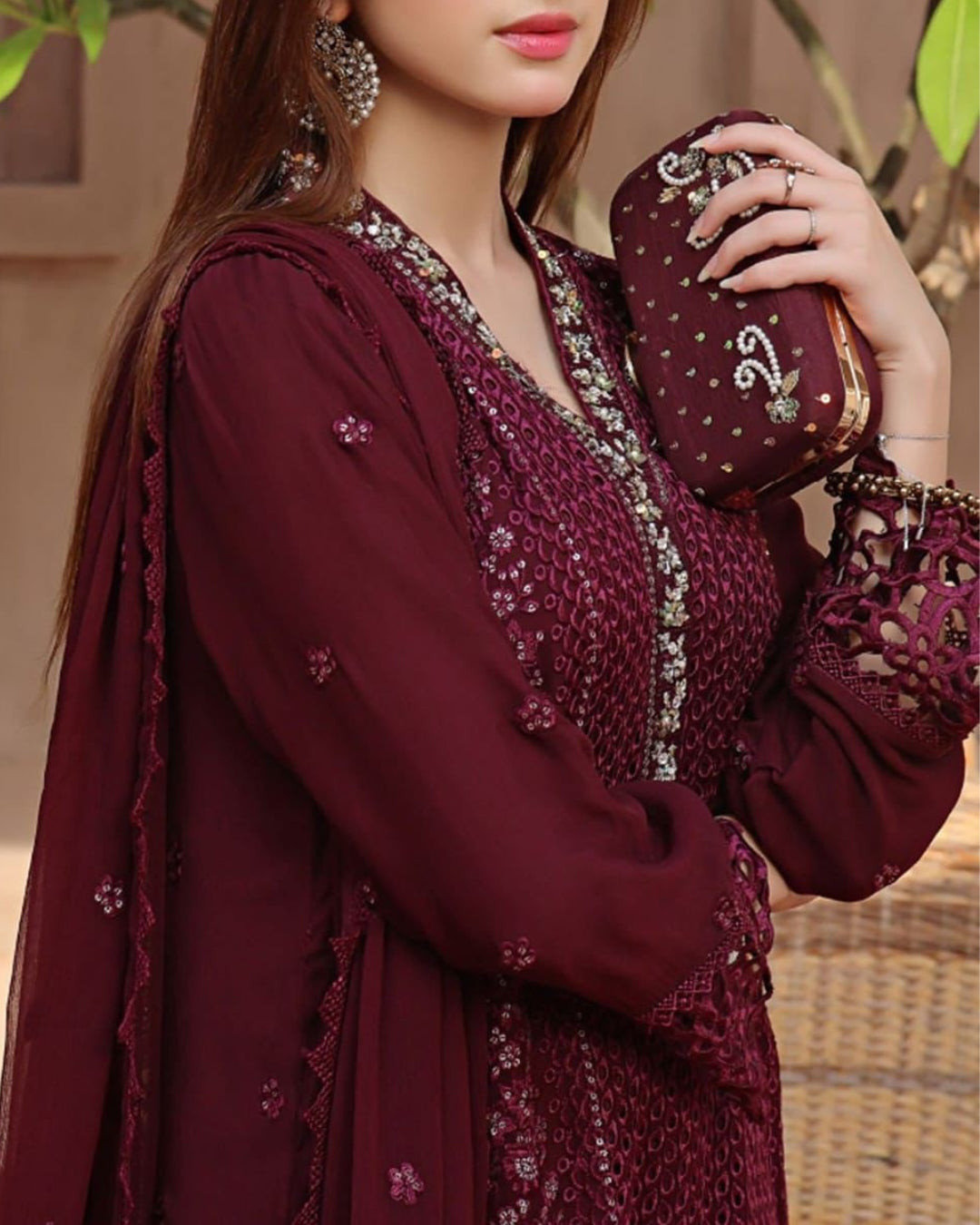 CRIMSON  Chiffon Suit with Malai Trouser  stitched