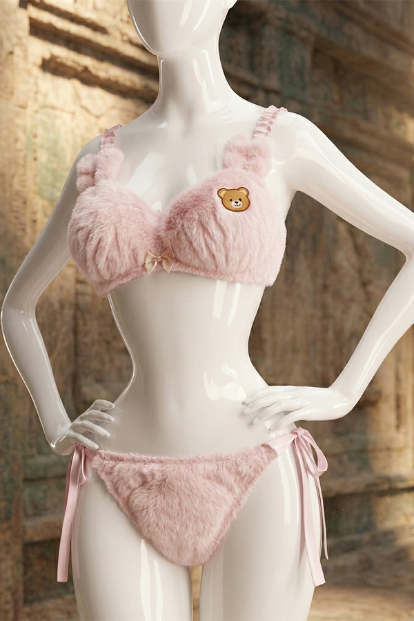 Plush Bow Tie Bra Set Women