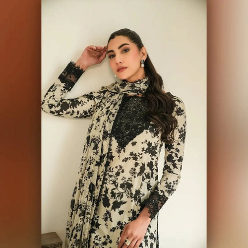 03-Piece  Skin & Black Embroidered Dress