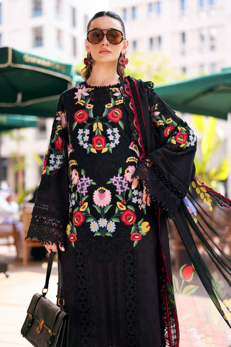 Black 3D Floral Embroidered Lawn Suit | Ready-to-Wear Silk Dupatta