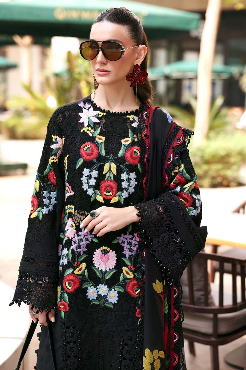 Black 3D Floral Embroidered Lawn Suit | Ready-to-Wear Silk Dupatta