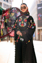 Black 3D Floral Embroidered Lawn Suit | Ready-to-Wear Silk Dupatta