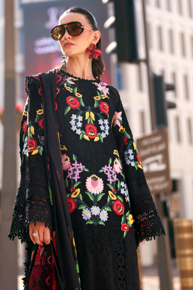 Black 3D Floral Embroidered Lawn Suit | Ready-to-Wear Silk Dupatta