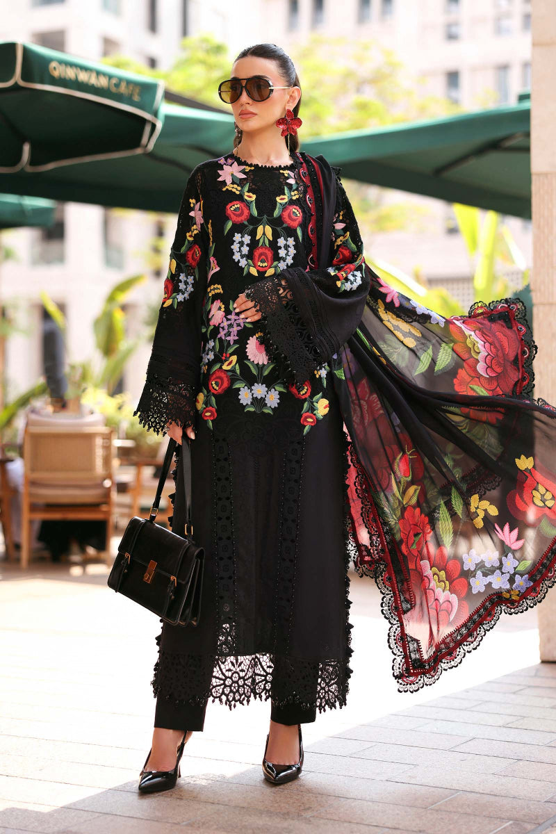 Black 3D Floral Embroidered Lawn Suit | Ready-to-Wear Silk Dupatta