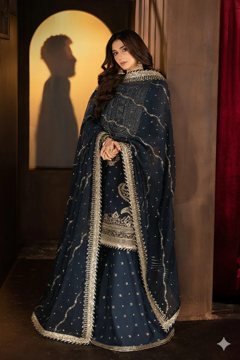 3 Piece Stitched Chiffon  Gharara Suit - Ready to Wear